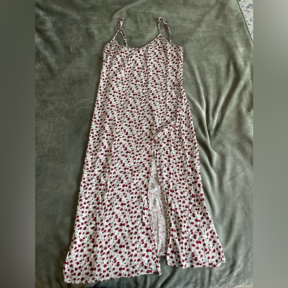 Reformation White Slip Dress with Red Floral Print